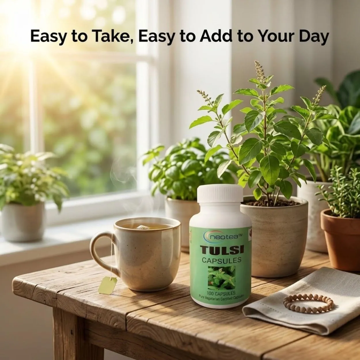 NEOTEA Tulsi Capsules 500 mg, 100 Capsules | Tulsi Herbal Supplement | Ocimum Sanctum | Easy-to-Use Vegetarian Capsules
