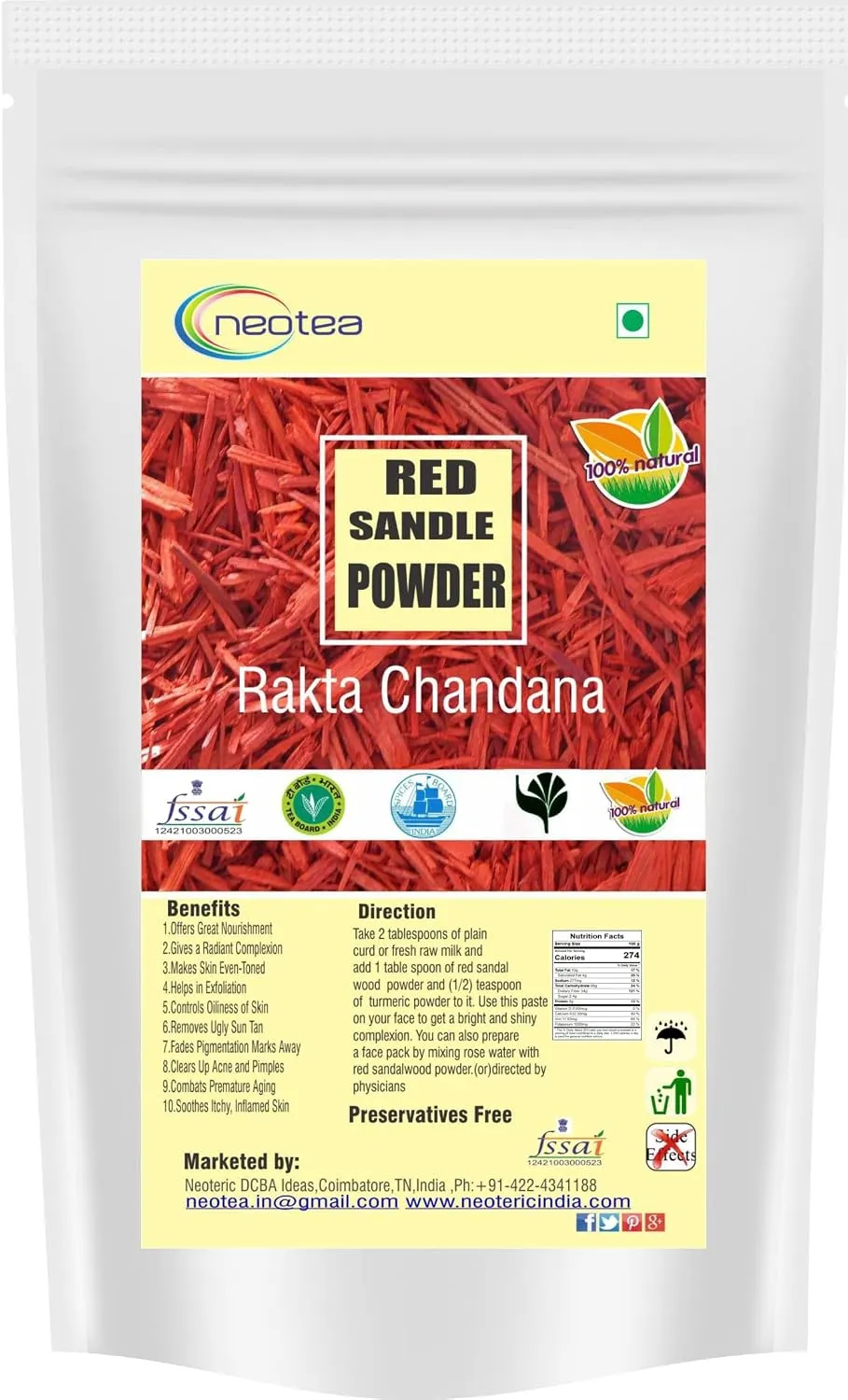 Red Sandalwood Powder for Face & Skin Care | 100% Natural Red Chandan Powder | Fine Ground Red Sandal Powder for DIY Face Packs, Beauty Care, Personal Care & Traditional Indian Beauty Rituals | Premium Quality Botanical Powder