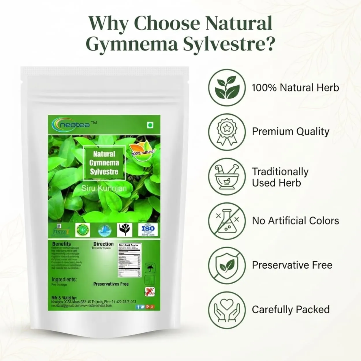 Sirukurinjan Powder 100% Natural Herbal Leaf Powder | Finely Ground Traditional Indian Herb | Pure & Carefully Processed | No Added Preservatives | Convenient Everyday Use