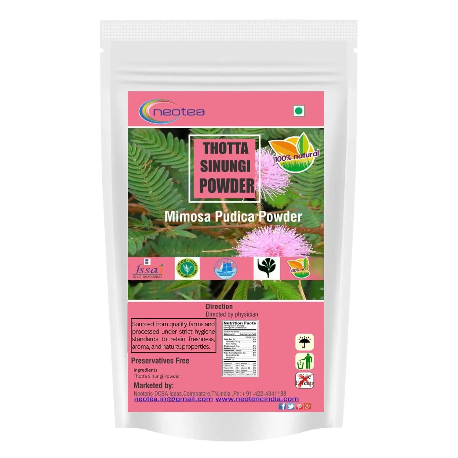 Thotta Sinungi Powder (Mimosa Pudica) 100% Natural Herbal Leaf Powder, Finely Ground Thotta Sinungi Leaves, Traditionally Used Botanical Ingredient, Carefully Processed & Hygienically Packed