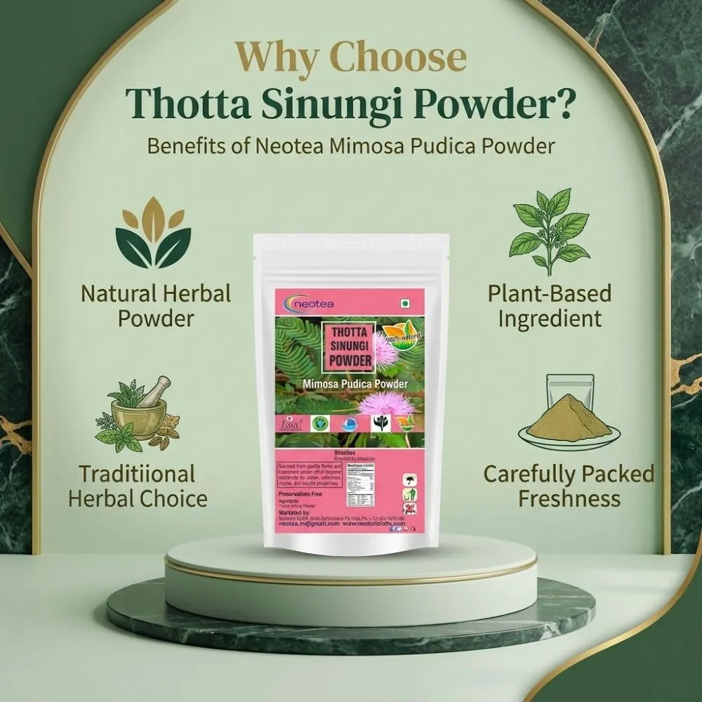 Thotta Sinungi Powder (Mimosa Pudica) 100% Natural Herbal Leaf Powder, Finely Ground Thotta Sinungi Leaves, Traditionally Used Botanical Ingredient, Carefully Processed & Hygienically Packed