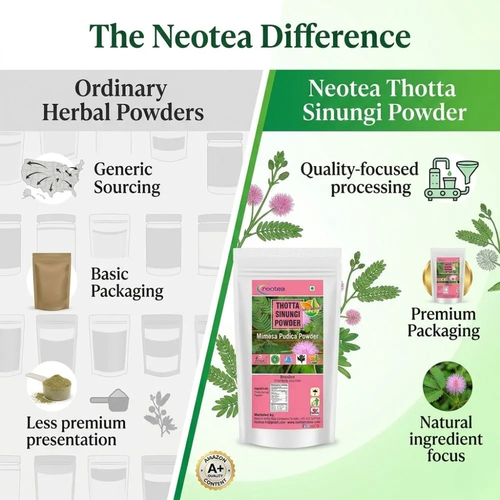 Thotta Sinungi Powder (Mimosa Pudica) 100% Natural Herbal Leaf Powder, Finely Ground Thotta Sinungi Leaves, Traditionally Used Botanical Ingredient, Carefully Processed & Hygienically Packed