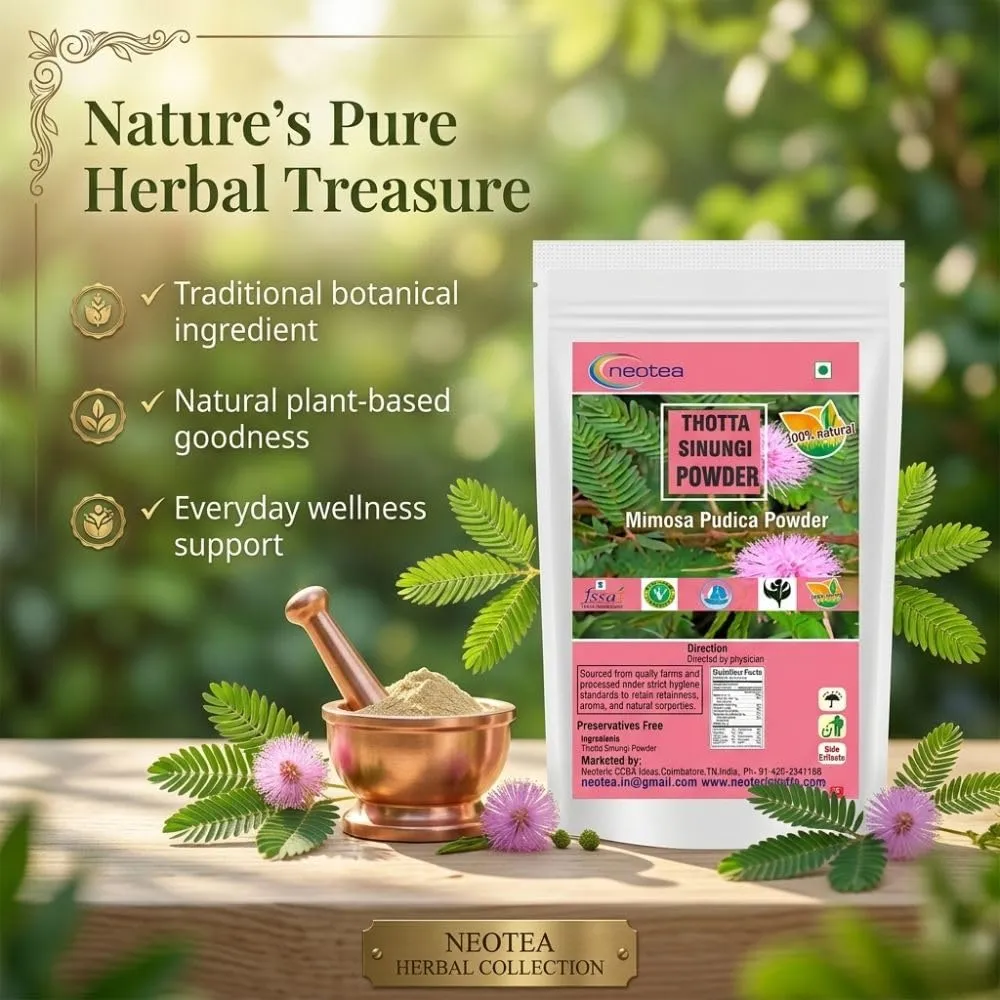 Thotta Sinungi Powder (Mimosa Pudica) 100% Natural Herbal Leaf Powder, Finely Ground Thotta Sinungi Leaves, Traditionally Used Botanical Ingredient, Carefully Processed & Hygienically Packed