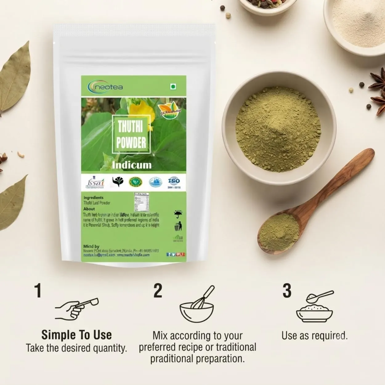 Thuthi Leaf Powder 100% Natural Dried Thuthi Leaves Fine Herbal Powder, Traditionally Used Leaf Powder, Pure Plant-Based Ingredient, Carefully Processed & Hygienically Packed