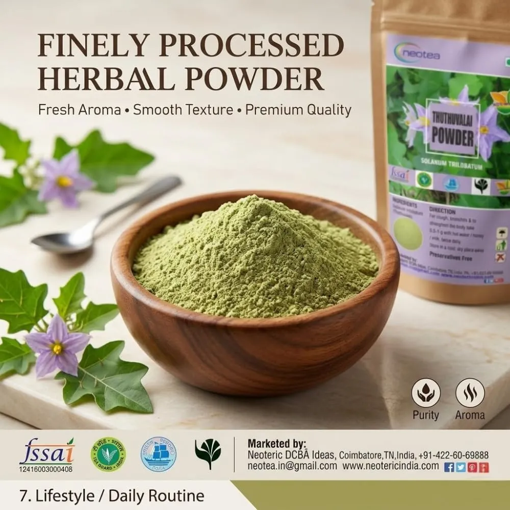 Thuthuvalai Powder 100% Natural Dried Thuthuvalai Leaves Powder (Solanum trilobatum) – Finely Ground Traditional Herbal Ingredient for Rasam, Soup, Chutney & South Indian Recipes – Convenient Everyday Cooking Ingredient