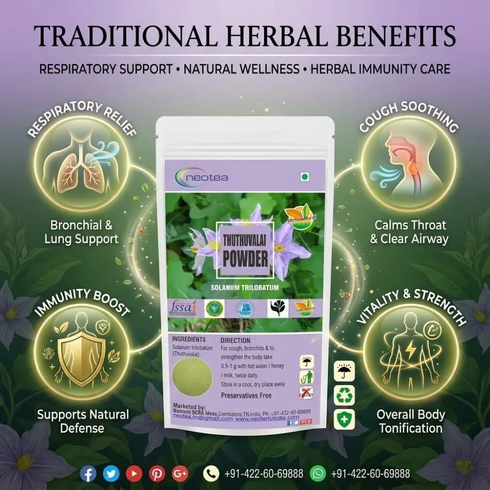 Thuthuvalai Powder 100% Natural Dried Thuthuvalai Leaves Powder (Solanum trilobatum) – Finely Ground Traditional Herbal Ingredient for Rasam, Soup, Chutney & South Indian Recipes – Convenient Everyday Cooking Ingredient
