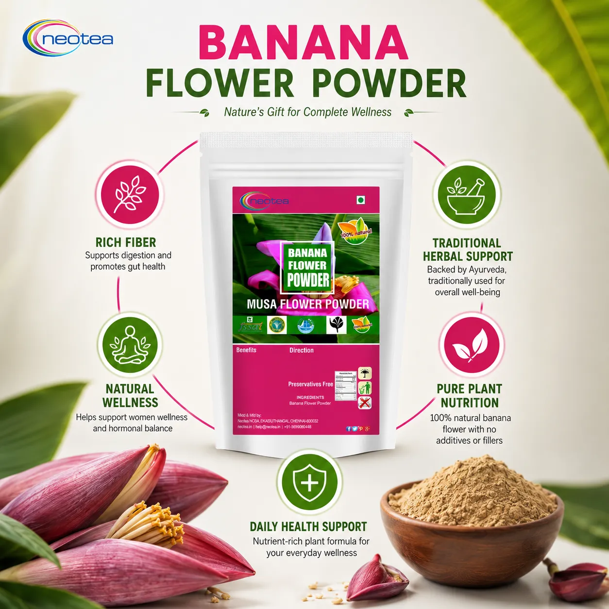 Banana Flower Powder 100% Natural Dried Banana Blossom Powder, Plant-Based Herbal Ingredient for Traditional Recipes, Smoothies & Daily Wellness