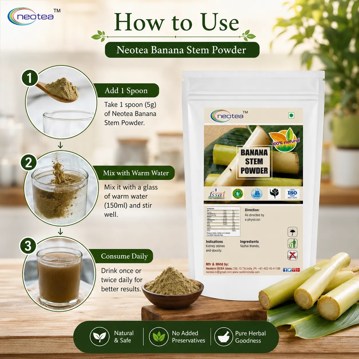 Banana Stem Powder 100% Natural Banana Plant Stem Powder, Herbal Food Ingredient for Daily Wellness, Traditional Indian Ingredient, Easy to Use, No Added Preservatives