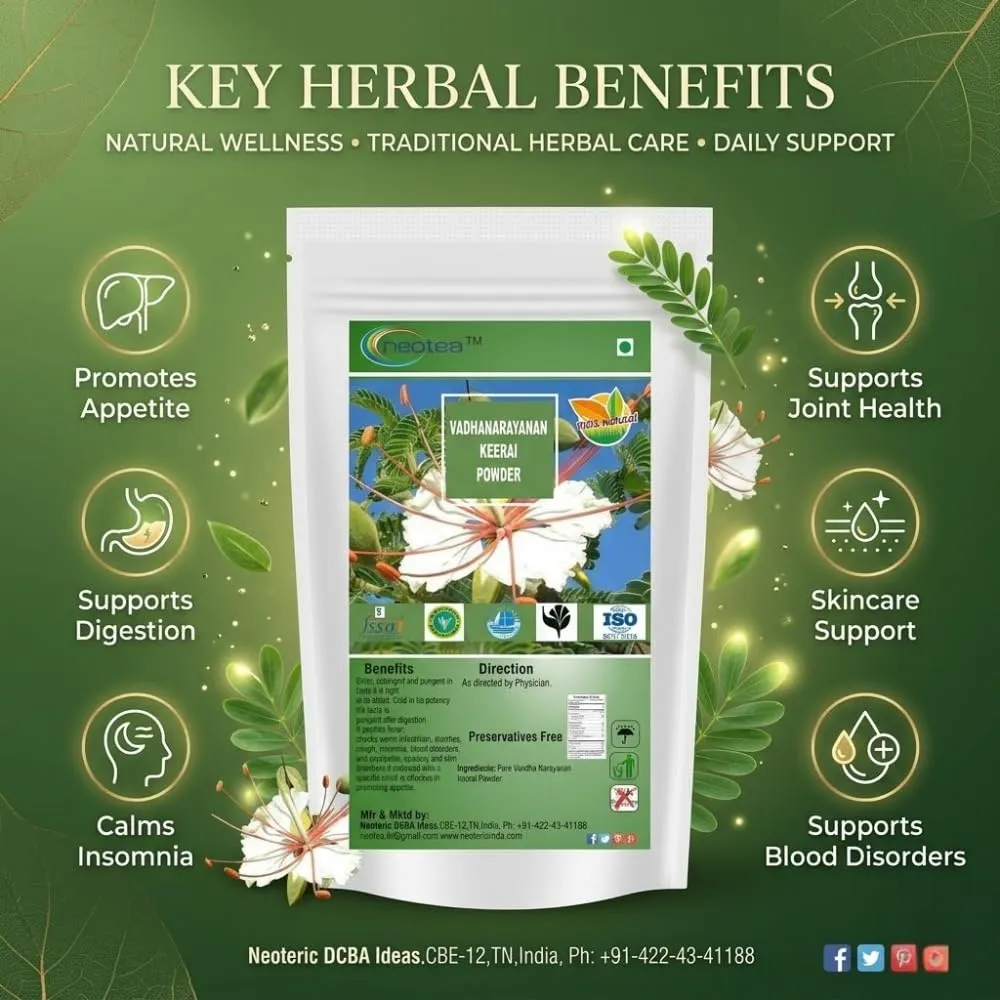 Vadhanarayanan Keerai Powder, Natural Herbal Leaf Powder, Traditionally Used Greens Powder, Plant-Based Wellness Ingredient, Easy to Use, 100% Natural