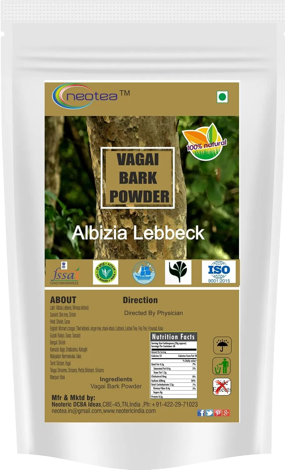 Vagai Bark Powder | Albizia Lebbeck Pattai | Ambuvagina Powder | Siridam, Sara, Padeli, Adri | Natural Ayurvedic Herbal Supplement | Supports Respiratory Health & Skin Care | 100% Pure & Organic