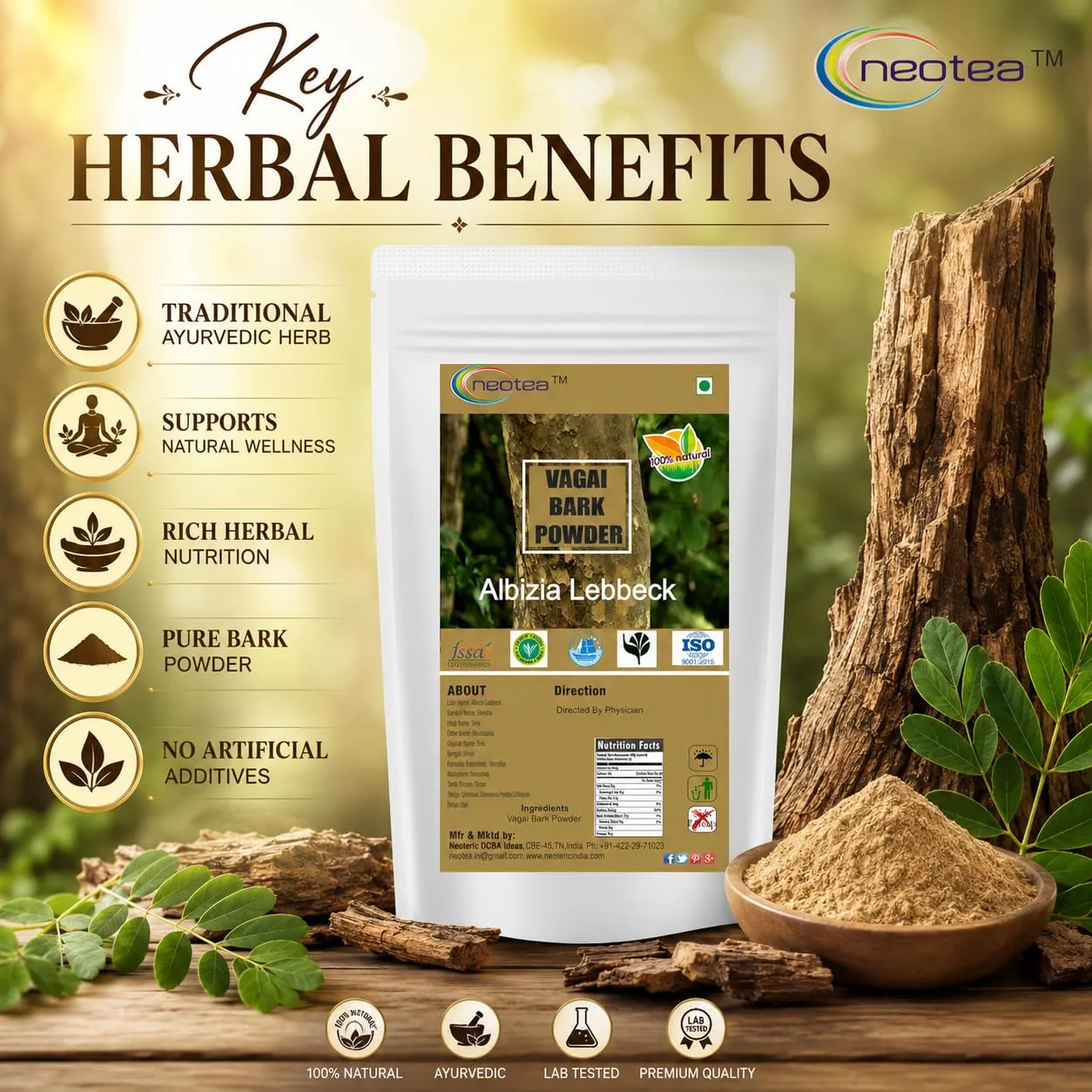 Vagai Bark Powder | Albizia Lebbeck Pattai | Ambuvagina Powder | Siridam, Sara, Padeli, Adri | Natural Ayurvedic Herbal Supplement | Supports Respiratory Health & Skin Care | 100% Pure & Organic