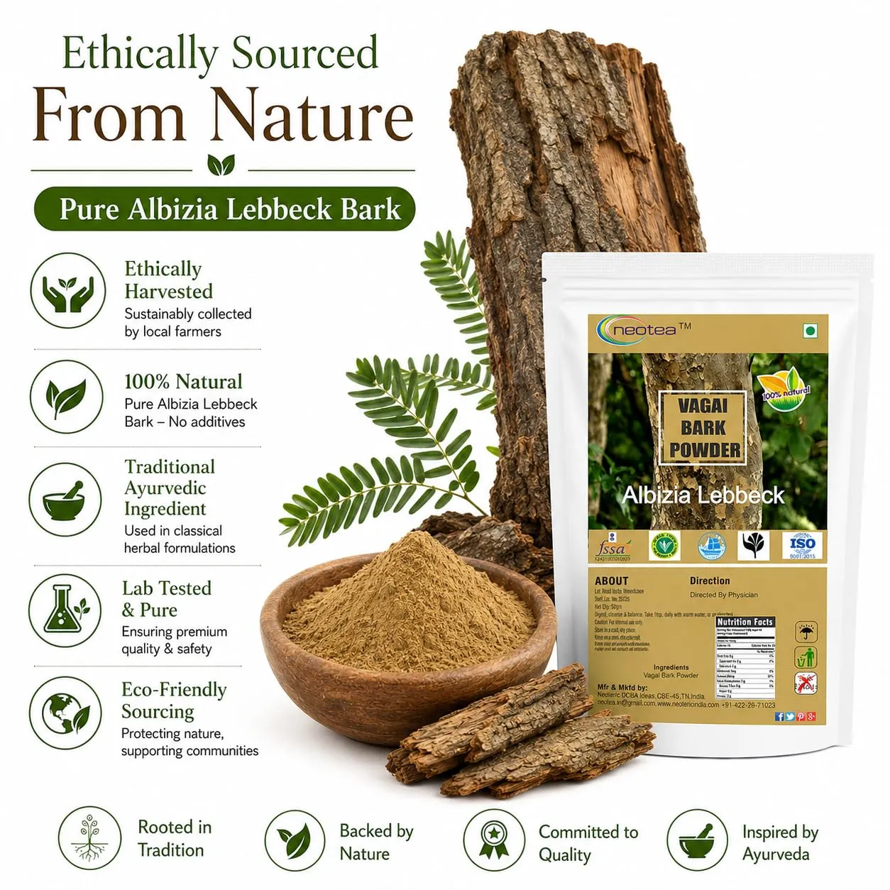 Vagai Bark Powder | Albizia Lebbeck Pattai | Ambuvagina Powder | Siridam, Sara, Padeli, Adri | Natural Ayurvedic Herbal Supplement | Supports Respiratory Health & Skin Care | 100% Pure & Organic