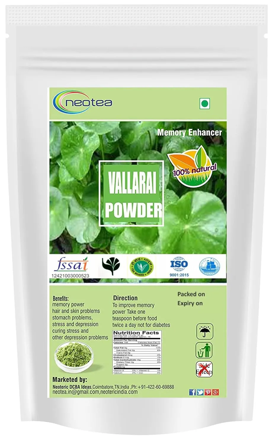 Gotu Kola Powder | Vallarai | Centella Asiatica & Brahmi (Bacopa Monnieri) | Natural Pennywort Powder | Saraswati Keerai | Neer Brahmi Podi | Pure Herbs | Non-GMO | No Preservatives | Supports Cognitive & Skin Wellness