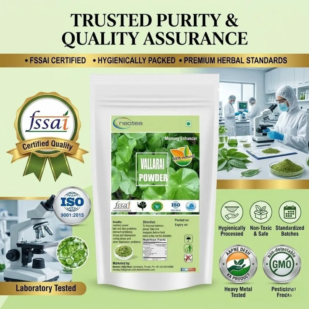 Gotu Kola Powder | Vallarai | Centella Asiatica & Brahmi (Bacopa Monnieri) | Natural Pennywort Powder | Saraswati Keerai | Neer Brahmi Podi | Pure Herbs | Non-GMO | No Preservatives | Supports Cognitive & Skin Wellness
