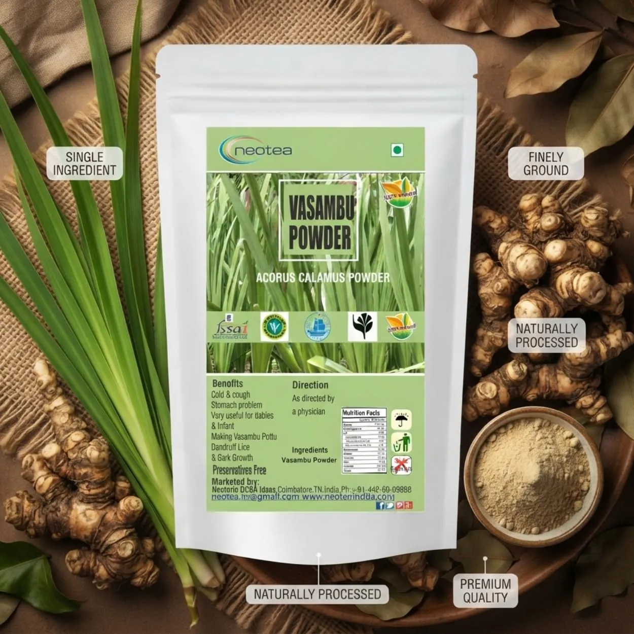 Vasambu Powder Vacha Root | Sweet Flag Acorus Calamus | Vayambu | Dried Root Herbal Supplement | Natural Sweet Flag Sambu Calamus | Vacha Acorus Calamus | Ayurvedic Remedy | 100% Pure & Organic