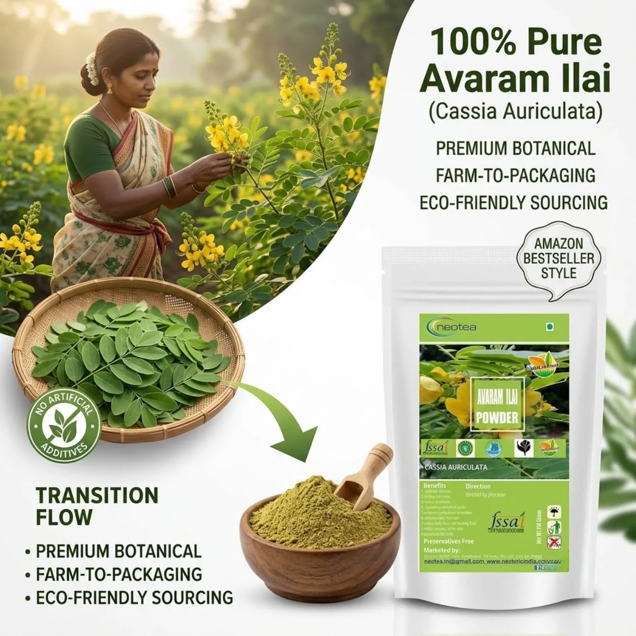 Avaram Illai Powder 100% Natural Dried Avaram Leaves Powder | Finely Ground Herbal Leaf Powder | Traditional Plant-Based Ingredient for Everyday Home, Hair & Skin Care Routines