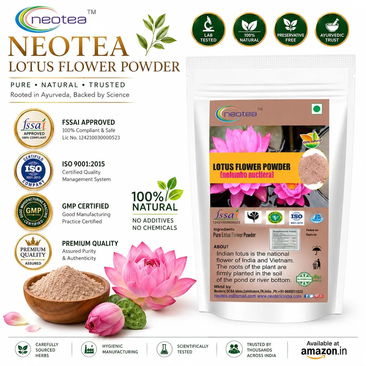 Lotus Flower Petal Powder | Kamal Phool Thamarai Poo | Nelumbo Nucifera | 100% Pure & Natural for Face, Skin & Hair | Hygienically Processed | Herbal Hair Care & Skin Care Solution