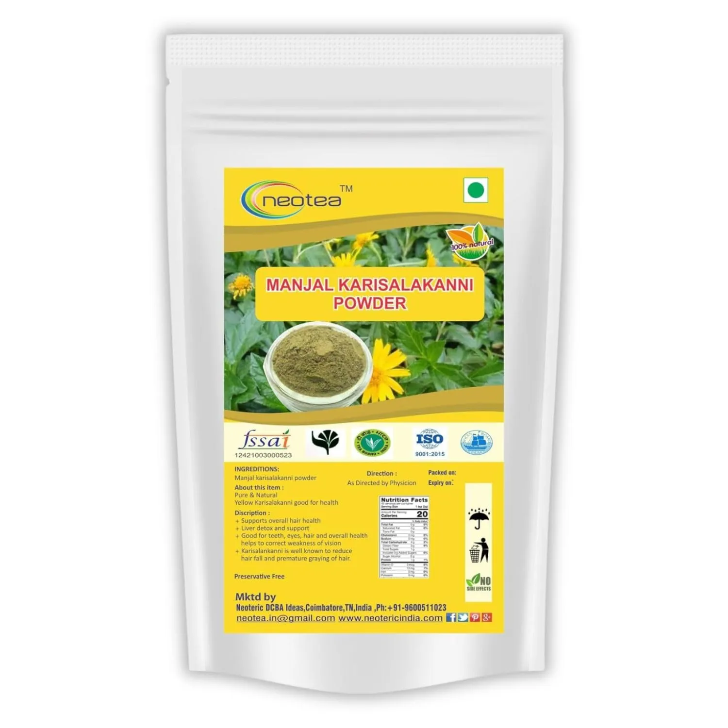 Manjal Karisalankanni Powder | Turmeric & Karisalankanni (Bhringraj / Eclipta Alba) Ayurvedic Herbal Blend | Supports Hair Growth, Skin & Natural Detox | 100% Pure, Vegan, No Preservatives