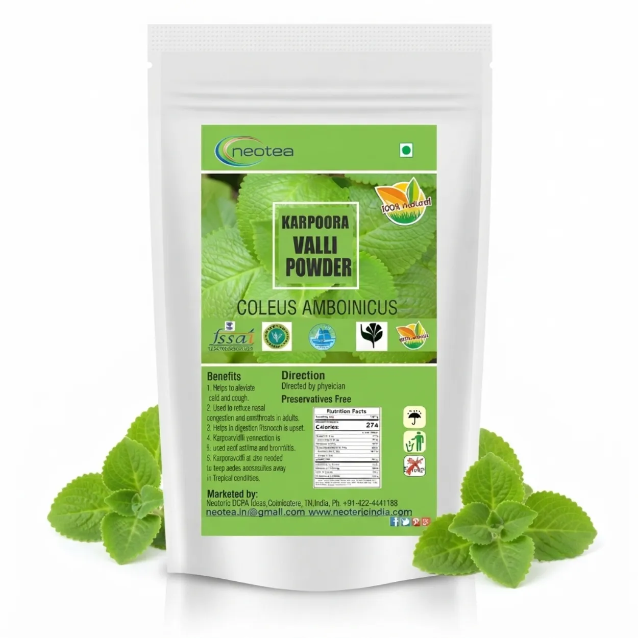 Karpooravalli Powder 100% Natural Indian Herb Powder | Country Borage / Indian Oregano | Traditional Herbal Wellness Ingredient | Pure Plant-Based Powder