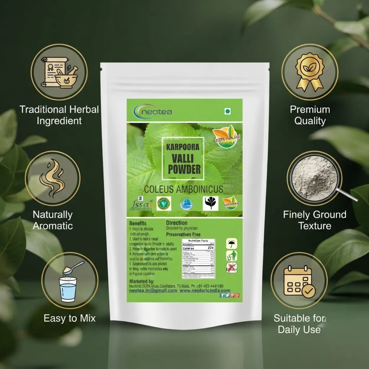 Karpooravalli Powder 100% Natural Indian Herb Powder | Country Borage / Indian Oregano | Traditional Herbal Wellness Ingredient | Pure Plant-Based Powder