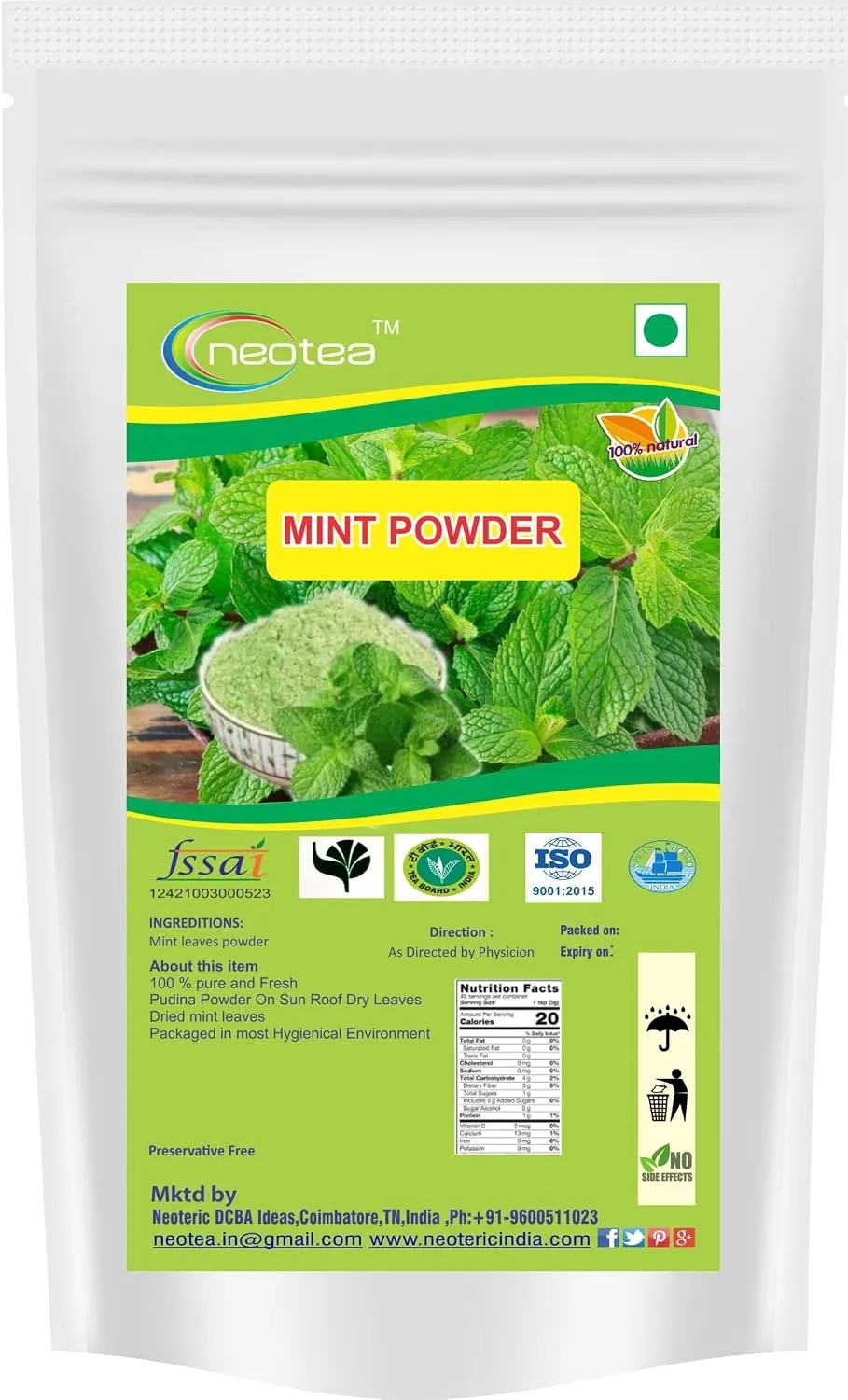 Organic Mint Leaf Powder | Pudina India Certified | Ideal for Cooking & Cosmetics | All-Purpose Seasoning | Natural Dry | No Artificial Flavours or Colours | Fresh Flavour | No Added Preservatives | Mentha Vegan Dehydrated | Pure Ground Vegetable Extract