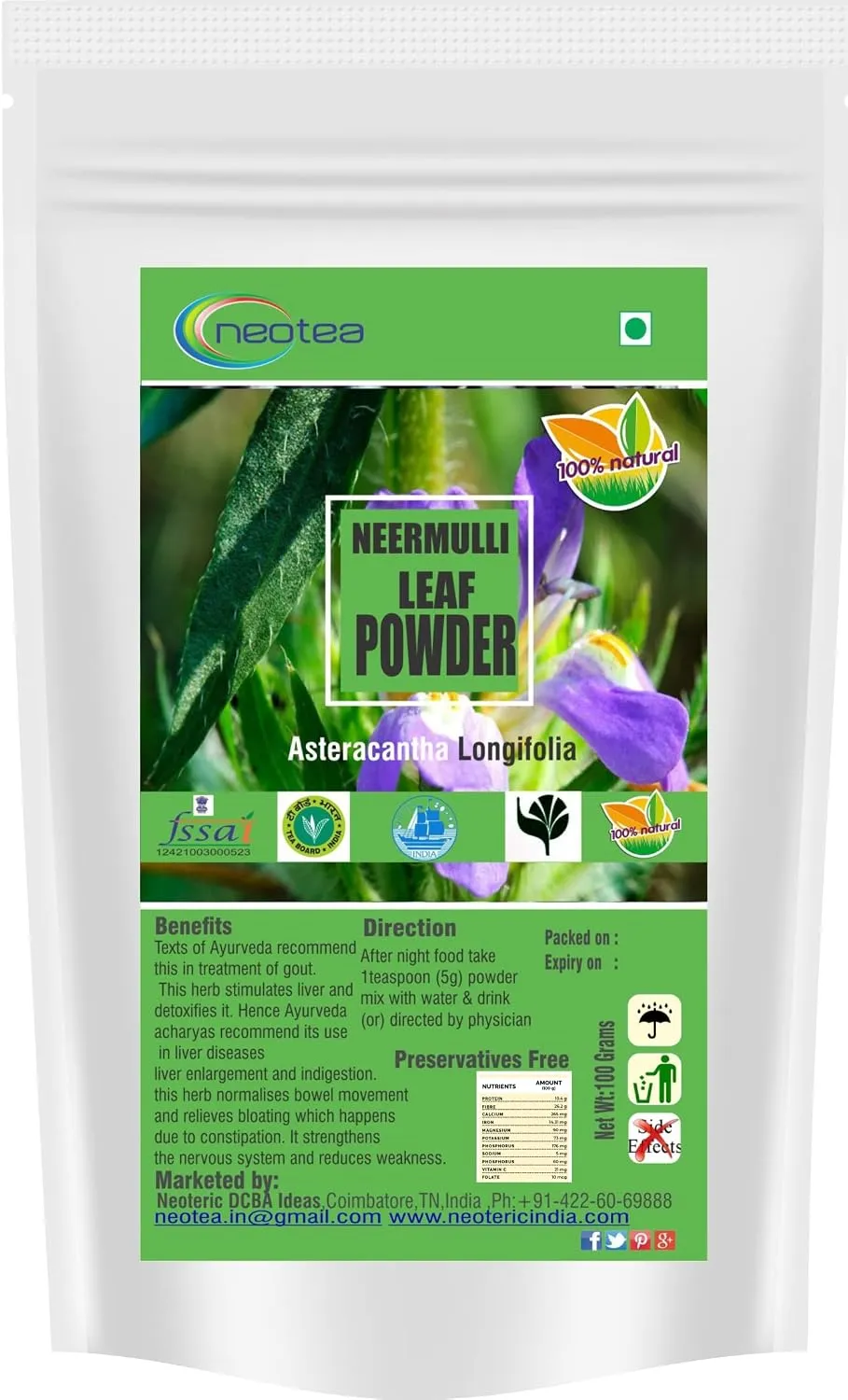 Neermulli Leaf Powder | 100% Natural Dried Neermulli Keerai Powder | Finely Ground Herbal Leaf Powder | Traditionally Used Herbal Ingredient | Pure & Carefully Processed