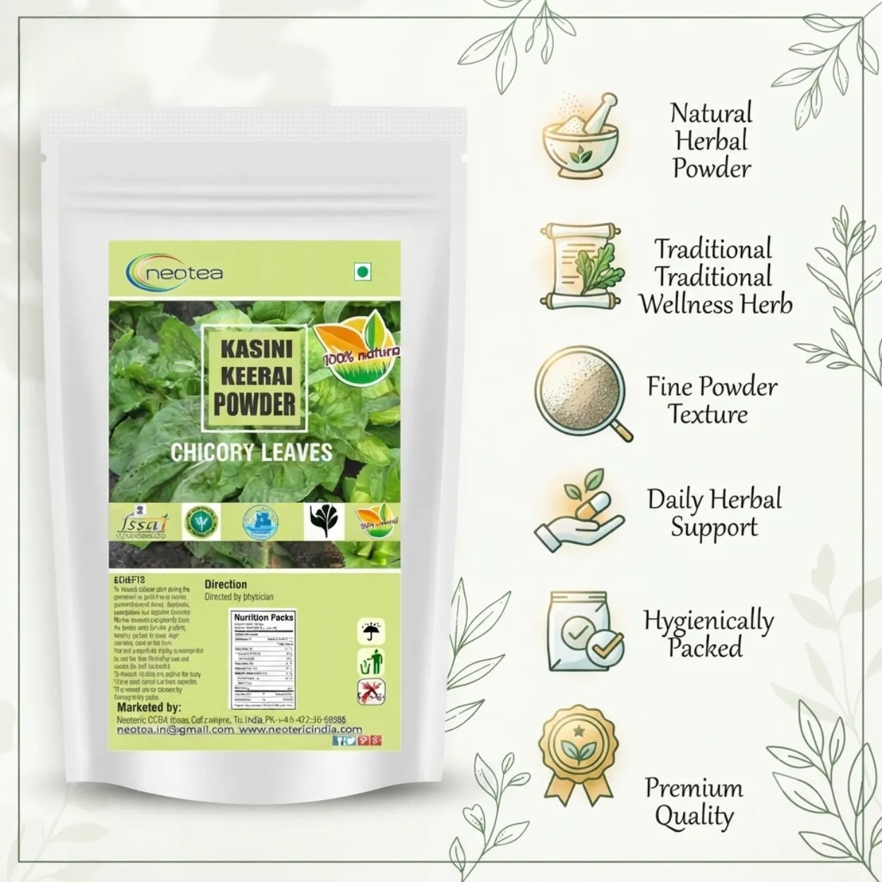 Kasini Keerai Powder | Chicory Greens Powder | Cichorium Intybus Leaf Powder | 100% Natural Herbal Powder | Traditional Wellness Ingredient | Easy to Use