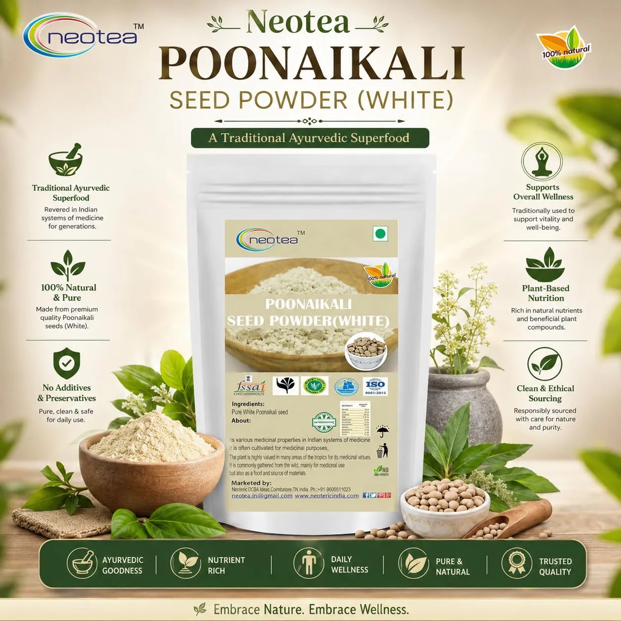 Poonaikali Seed White Powder | Mucuna Pruriens Velvet Bean Powder | Kaunch, Kapikachhu, Dulagondi, Naikkuram (White) | Natural Herbal Supplement for Stamina, Vitality & Reproductive Health | 100% Pure & Chemical-Free