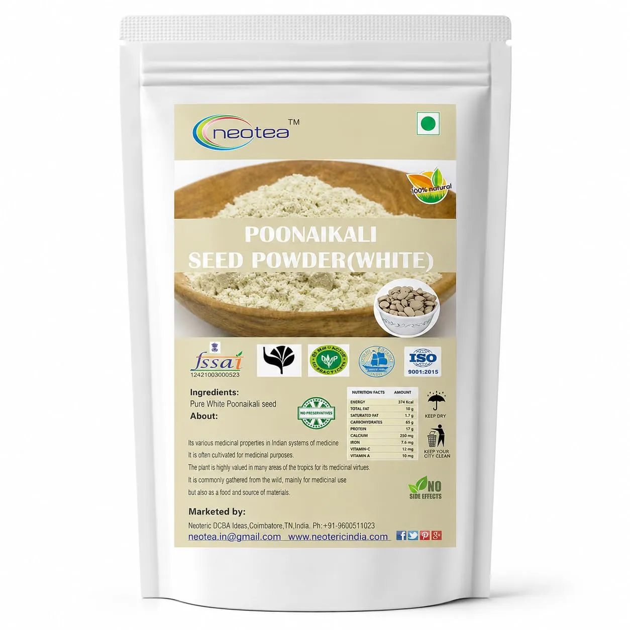Poonaikali Seed White Powder | Mucuna Pruriens Velvet Bean Powder | Kaunch, Kapikachhu, Dulagondi, Naikkuram (White) | Natural Herbal Supplement for Stamina, Vitality & Reproductive Health | 100% Pure & Chemical-Free