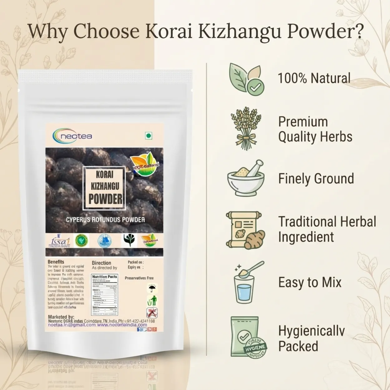 Korai Kizhangu Powder | Nut Grass Root Powder | Cyperus Rotundus | Natural Herbal Powder | Traditional Ayurvedic Ingredient | Fine Ground | 100% Pure