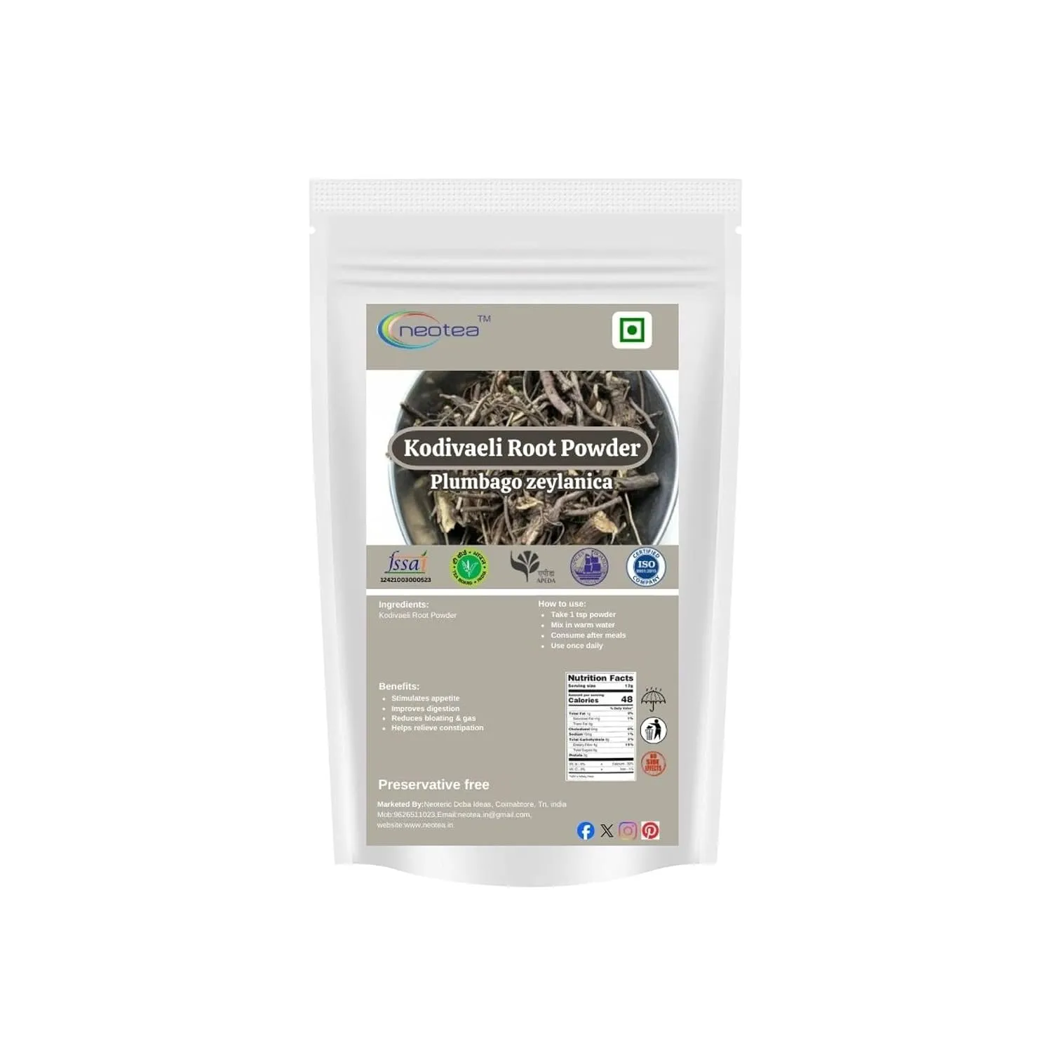 Kodivaeli Ver Powder 100% Natural Herbal Root Powder, Finely Ground Kodiveli Root for Traditional Herbal Preparations, Pure Botanical Ingredient, Carefully Processed & Hygienically Packed