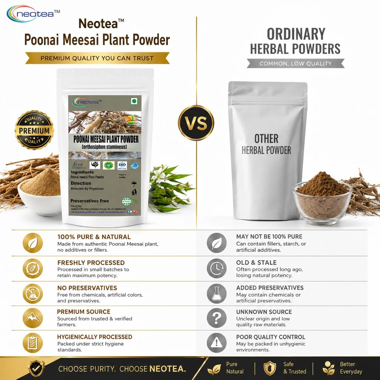 Poonai Meesai Powder | 100% Natural Herbal Powder | Pure Poonai Meesai Plant powder | Traditional Indian Herb | Finely Ground Plant Powder | Single Ingredient | Premium Quality | Carefully Packed
