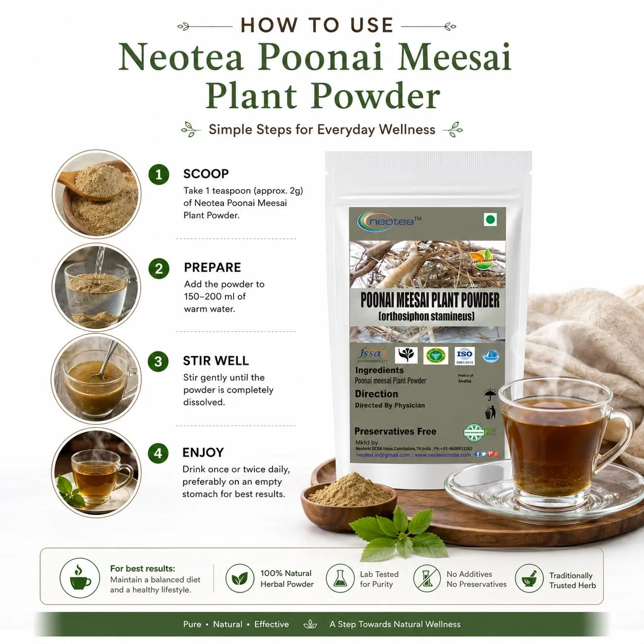 Poonai Meesai Powder | 100% Natural Herbal Powder | Pure Poonai Meesai Plant powder | Traditional Indian Herb | Finely Ground Plant Powder | Single Ingredient | Premium Quality | Carefully Packed