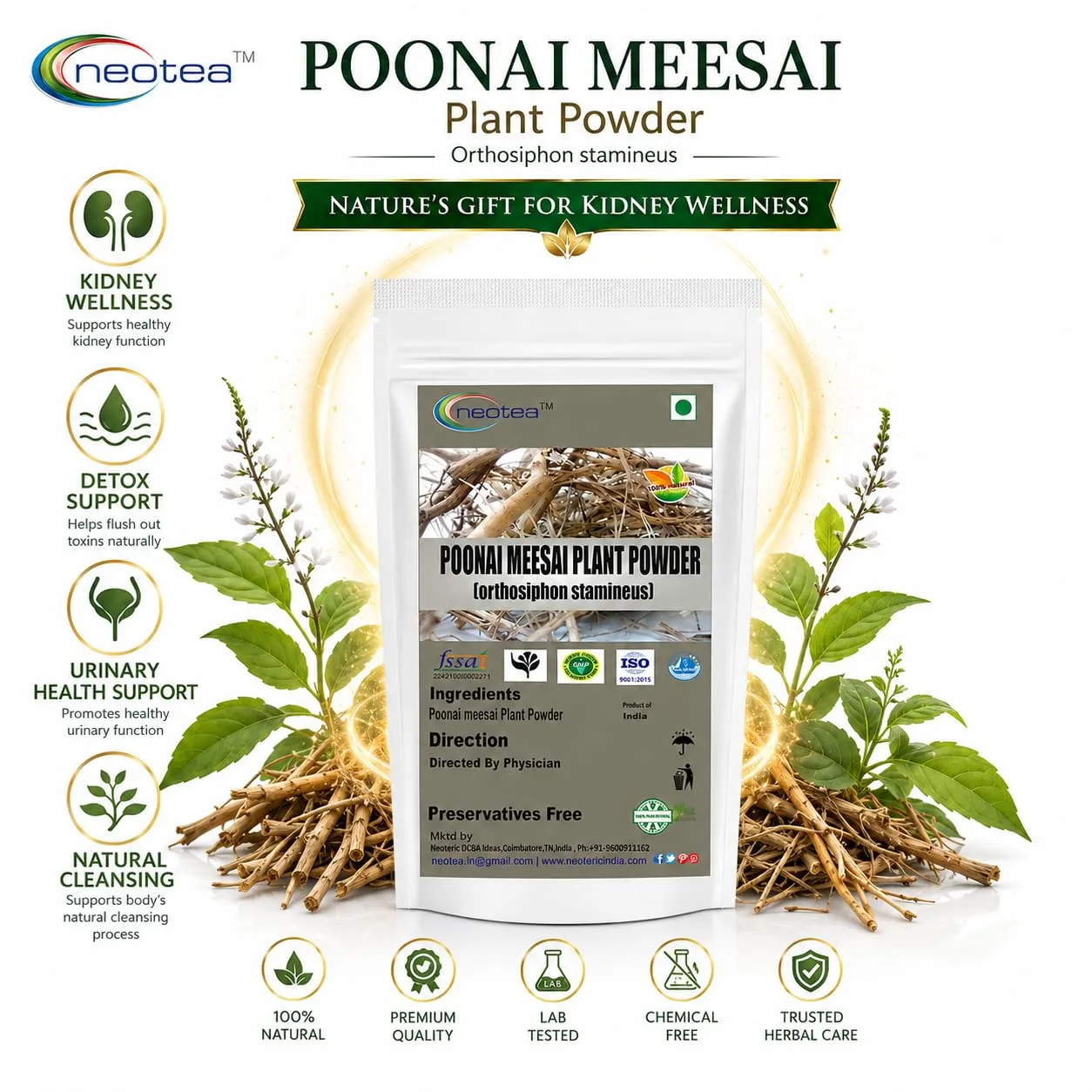 Poonai Meesai Powder | 100% Natural Herbal Powder | Pure Poonai Meesai Plant powder | Traditional Indian Herb | Finely Ground Plant Powder | Single Ingredient | Premium Quality | Carefully Packed