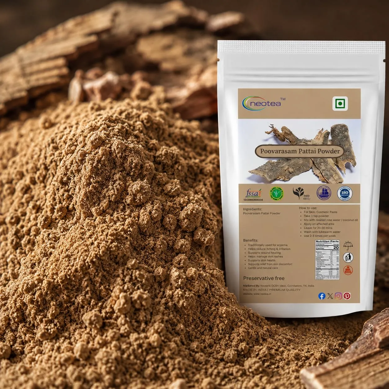 Poovarasam Pattai Powder, Thespesia populnea Bark Powder, 100% Natural Herbal Bark Powder, Finely Ground Traditional Botanical Ingredient for Everyday Wellness & Personal Care