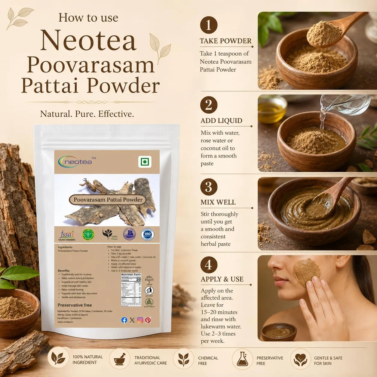 Poovarasam Pattai Powder, Thespesia populnea Bark Powder, 100% Natural Herbal Bark Powder, Finely Ground Traditional Botanical Ingredient for Everyday Wellness & Personal Care