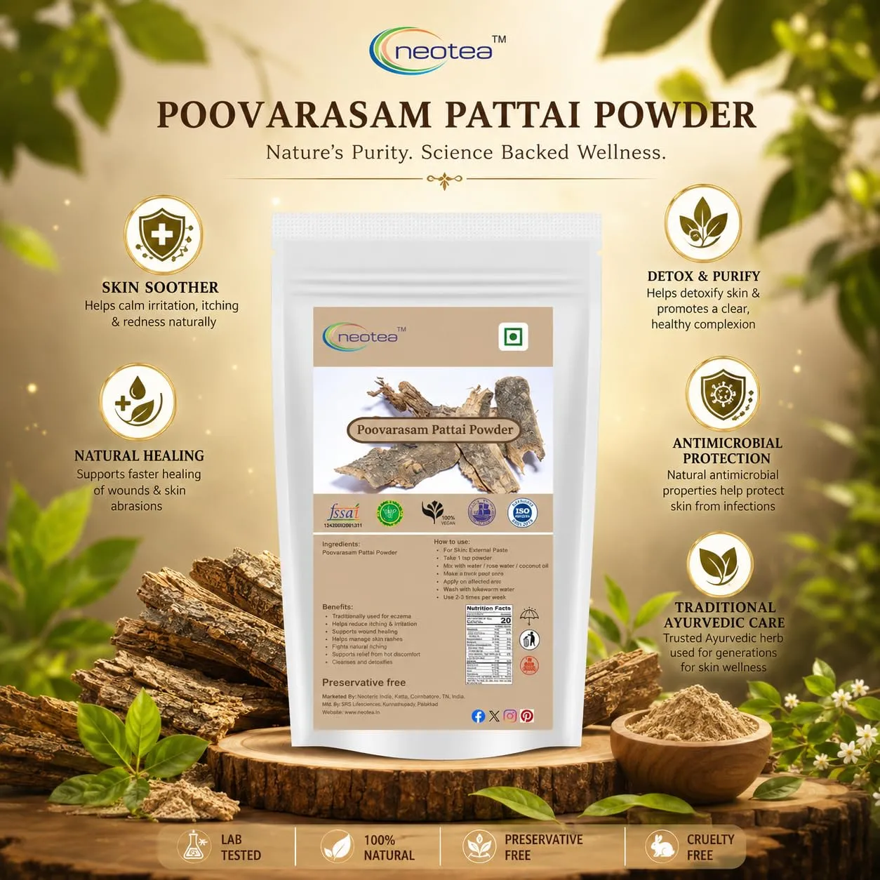 Poovarasam Pattai Powder, Thespesia populnea Bark Powder, 100% Natural Herbal Bark Powder, Finely Ground Traditional Botanical Ingredient for Everyday Wellness & Personal Care