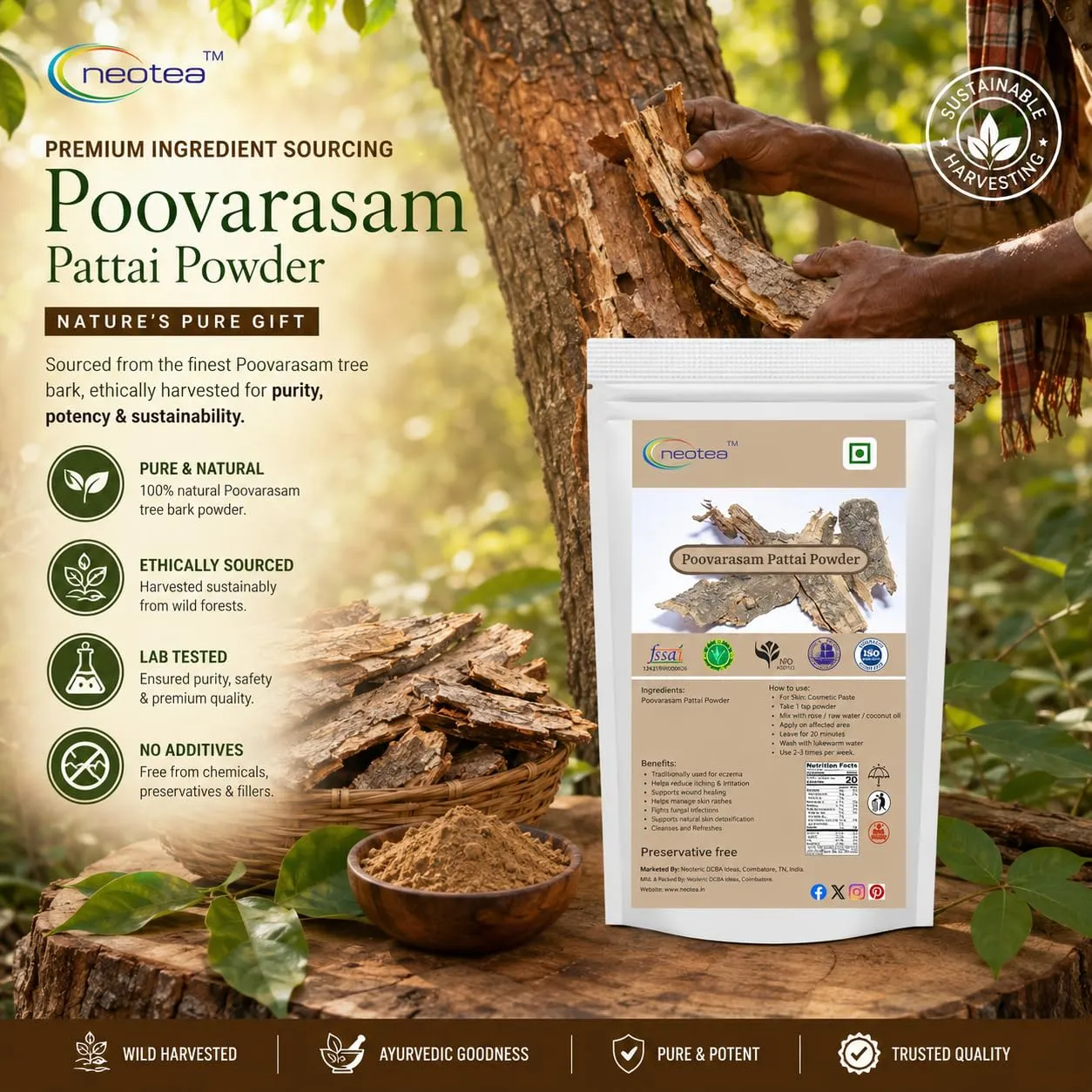 Poovarasam Pattai Powder, Thespesia populnea Bark Powder, 100% Natural Herbal Bark Powder, Finely Ground Traditional Botanical Ingredient for Everyday Wellness & Personal Care