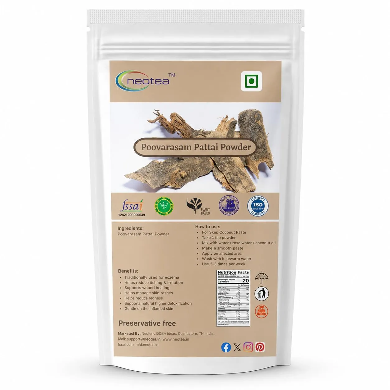 Poovarasam Pattai Powder, Thespesia populnea Bark Powder, 100% Natural Herbal Bark Powder, Finely Ground Traditional Botanical Ingredient for Everyday Wellness & Personal Care