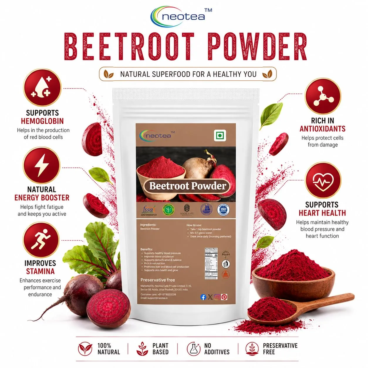 Beetroot Powder 100% Natural Beetroot Powder | Finely Ground Dried Beetroot | Premium Quality Beetroot Powder for Smoothies, Juices, Cooking & Baking | No Added Preservatives