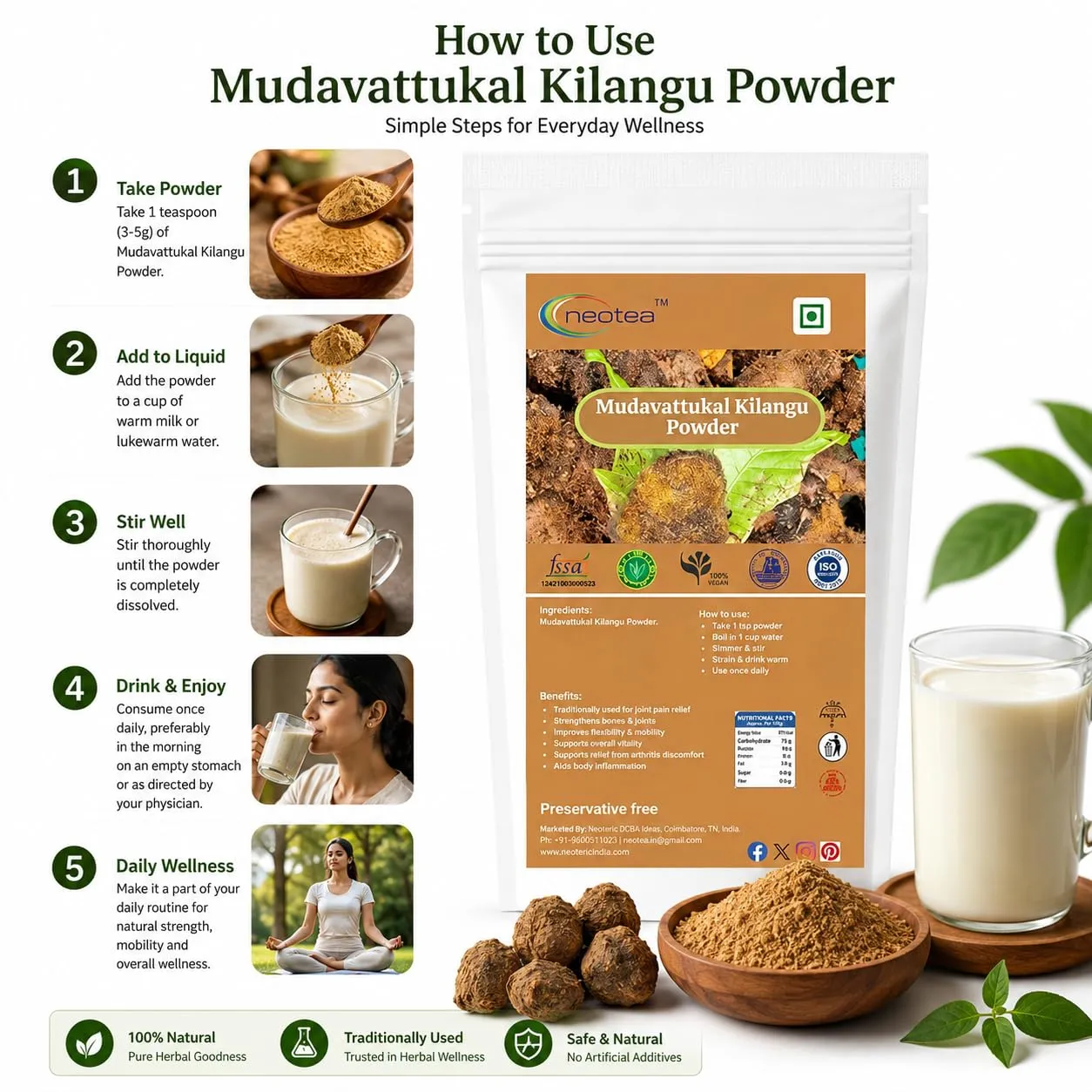 Mudavattukal Kilangu Powder, 100% Natural Dried Mudavattukal Kilangu Root Powder, Finely Ground Herbal Ingredient, Traditional Tamil Nadu Ingredient, No Added Preservatives