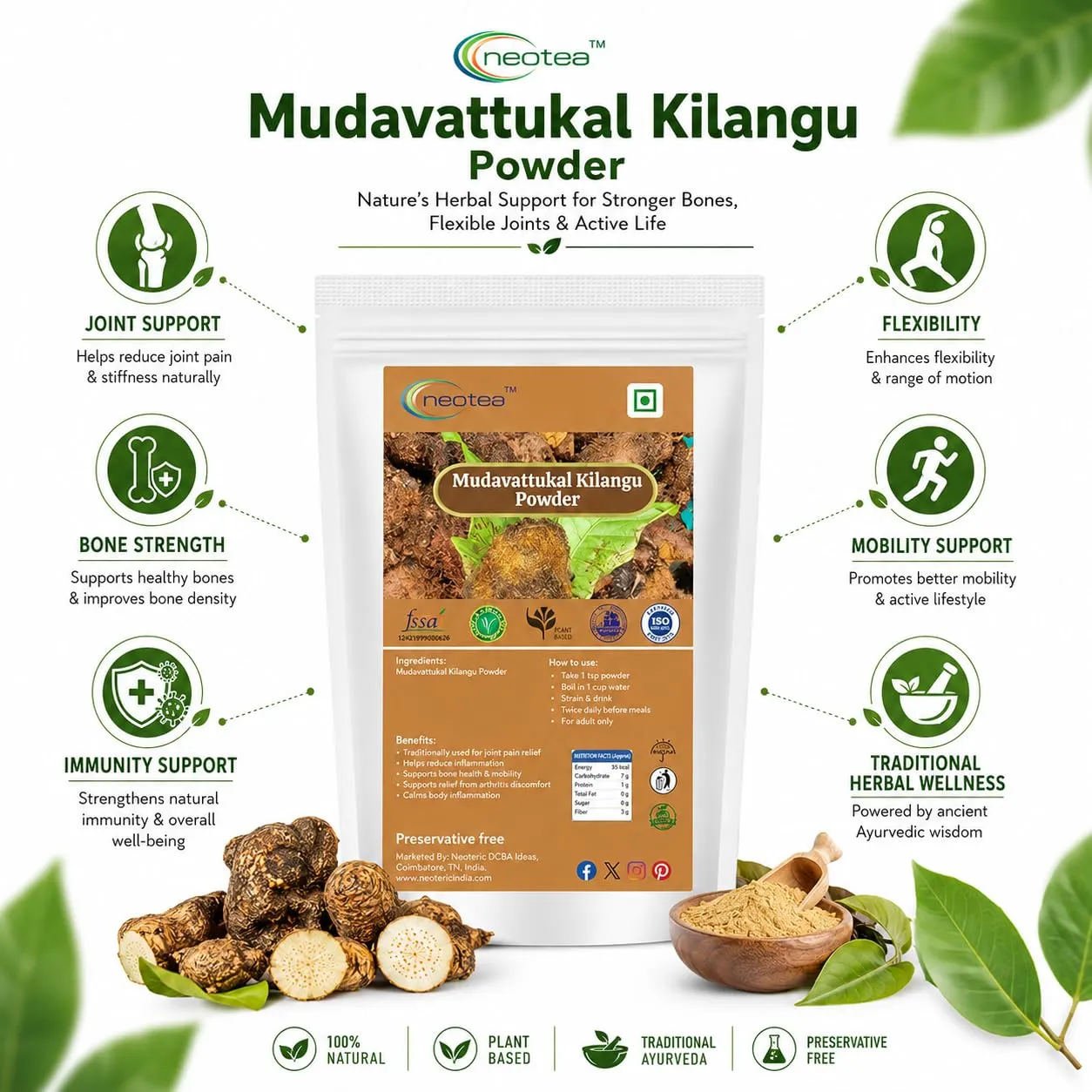 Mudavattukal Kilangu Powder, 100% Natural Dried Mudavattukal Kilangu Root Powder, Finely Ground Herbal Ingredient, Traditional Tamil Nadu Ingredient, No Added Preservatives