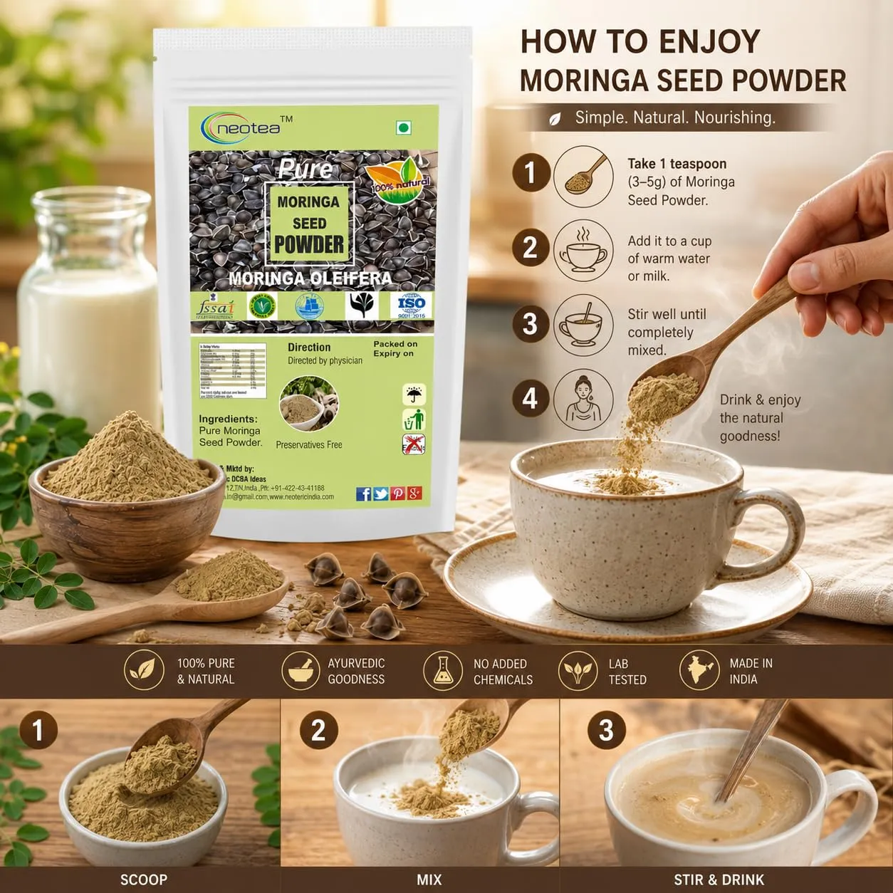 Moringa Seed Powder 100% Natural & Pure Moringa Seeds Powder | Herbal Wellness Ingredient for Daily Nutrition | Plant-Based Natural Product
