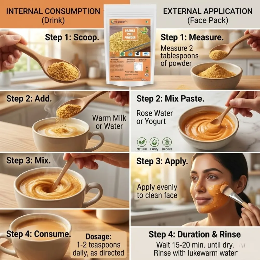Orange Peel Powder for Face Pack & DIY Skincare, Finely Ground Dried Orange Peel, Natural Citrus Botanical Powder for Homemade Scrubs, Face Packs & Personal Care, 100% Natural Ingredient