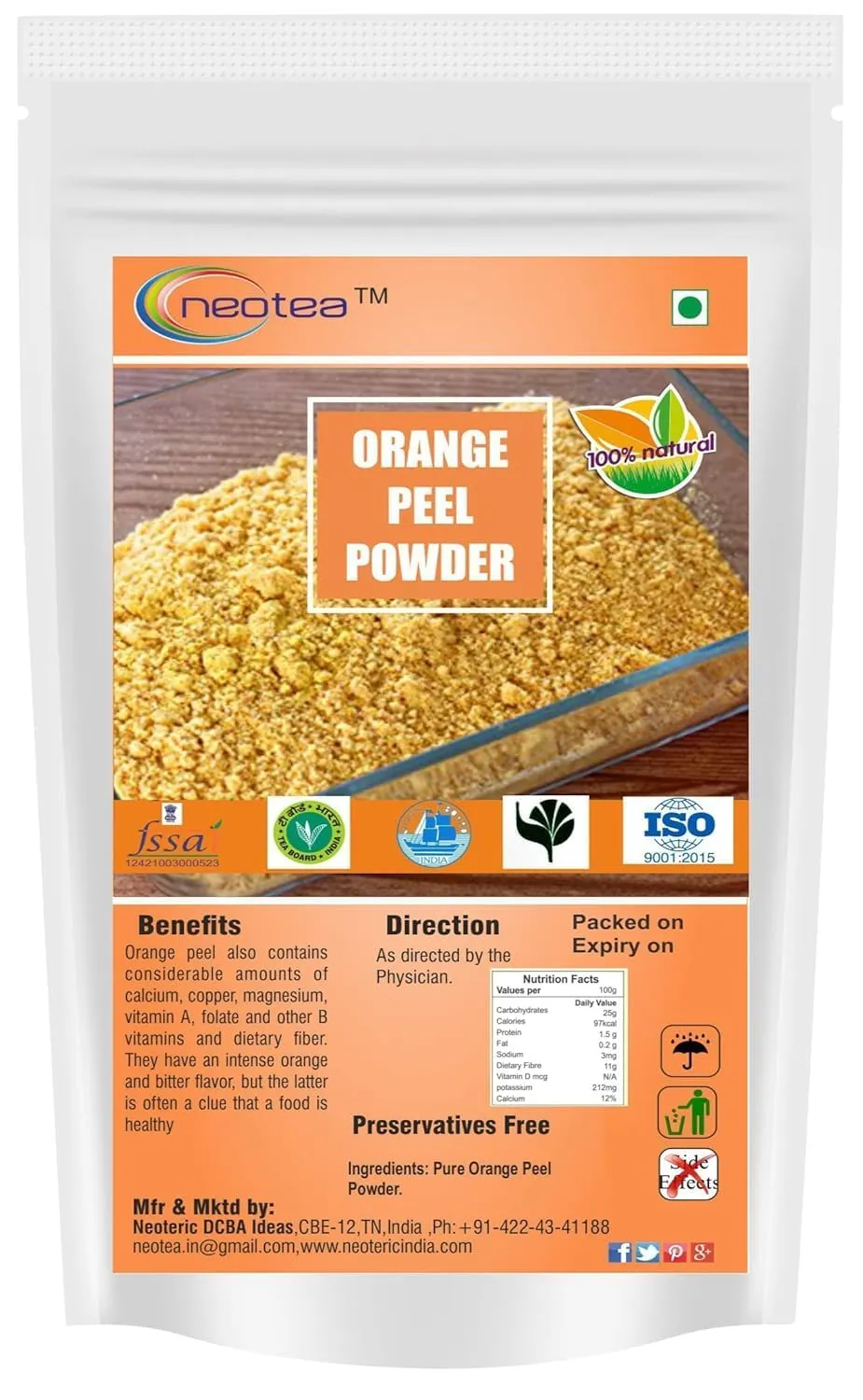 Orange Peel Powder for Face Pack & DIY Skincare, Finely Ground Dried Orange Peel, Natural Citrus Botanical Powder for Homemade Scrubs, Face Packs & Personal Care, 100% Natural Ingredient
