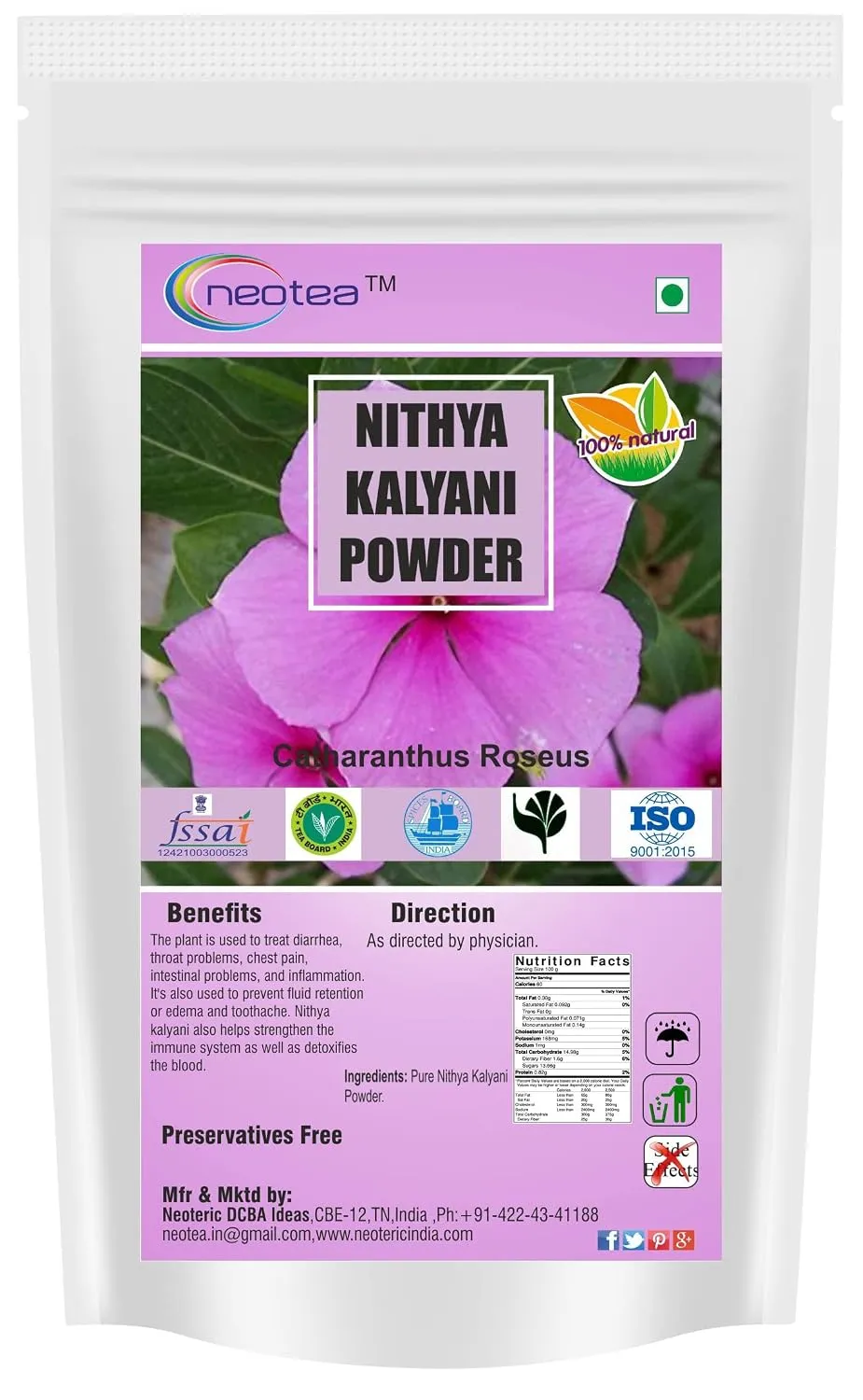 Nithya Kalyani Powder | Periwinkle Powder | Sadabahar, Old Maid Flower, Annual Vinca, Madagascar Rose | 100% Natural Ayurvedic Herbal Powder for Wellness