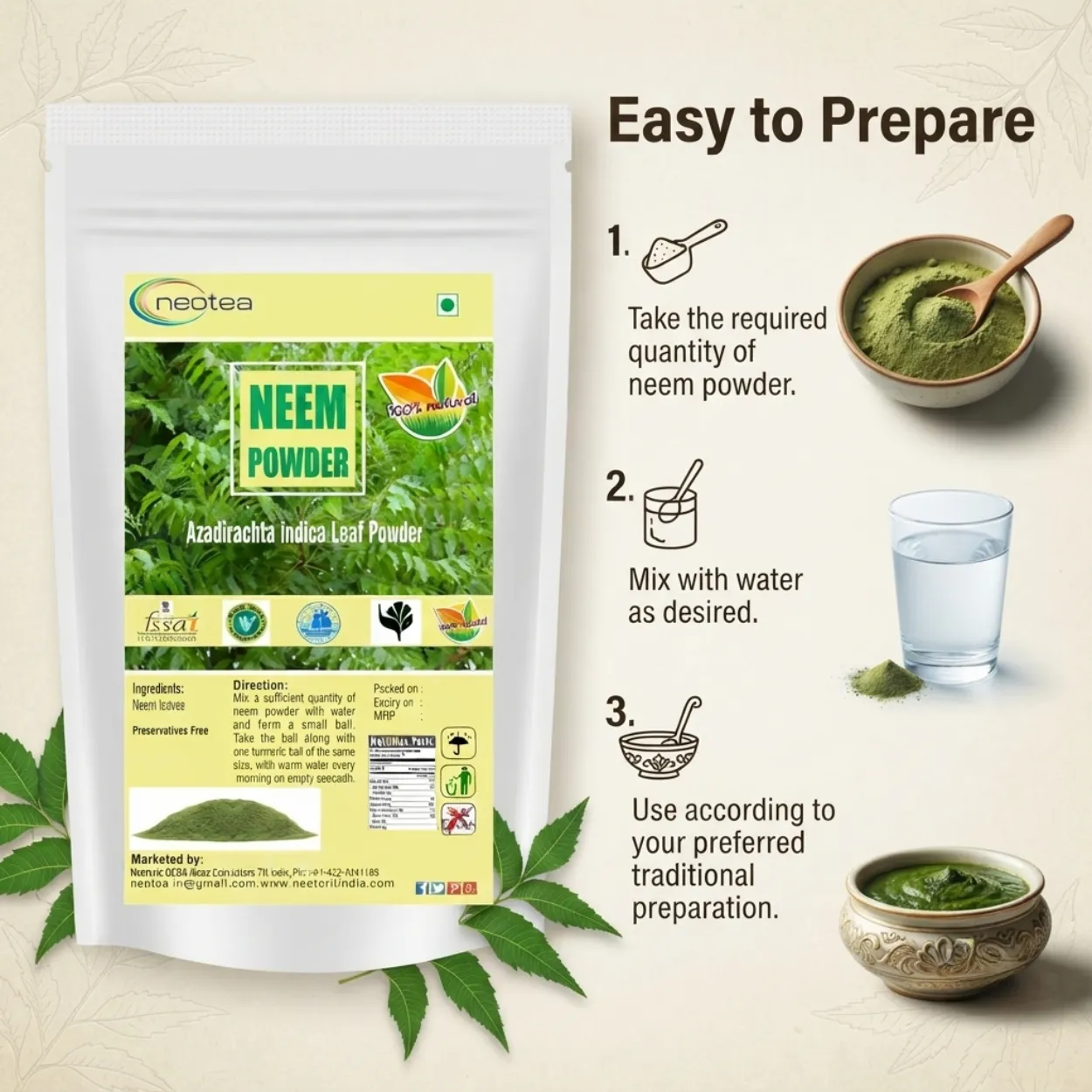 Neem Leaf Powder 100% Natural & Pure Neem Patta Powder, Herbal Ayurvedic Wellness Powder, Traditionally Used Neem Leaves, For Daily Wellness & Personal Care