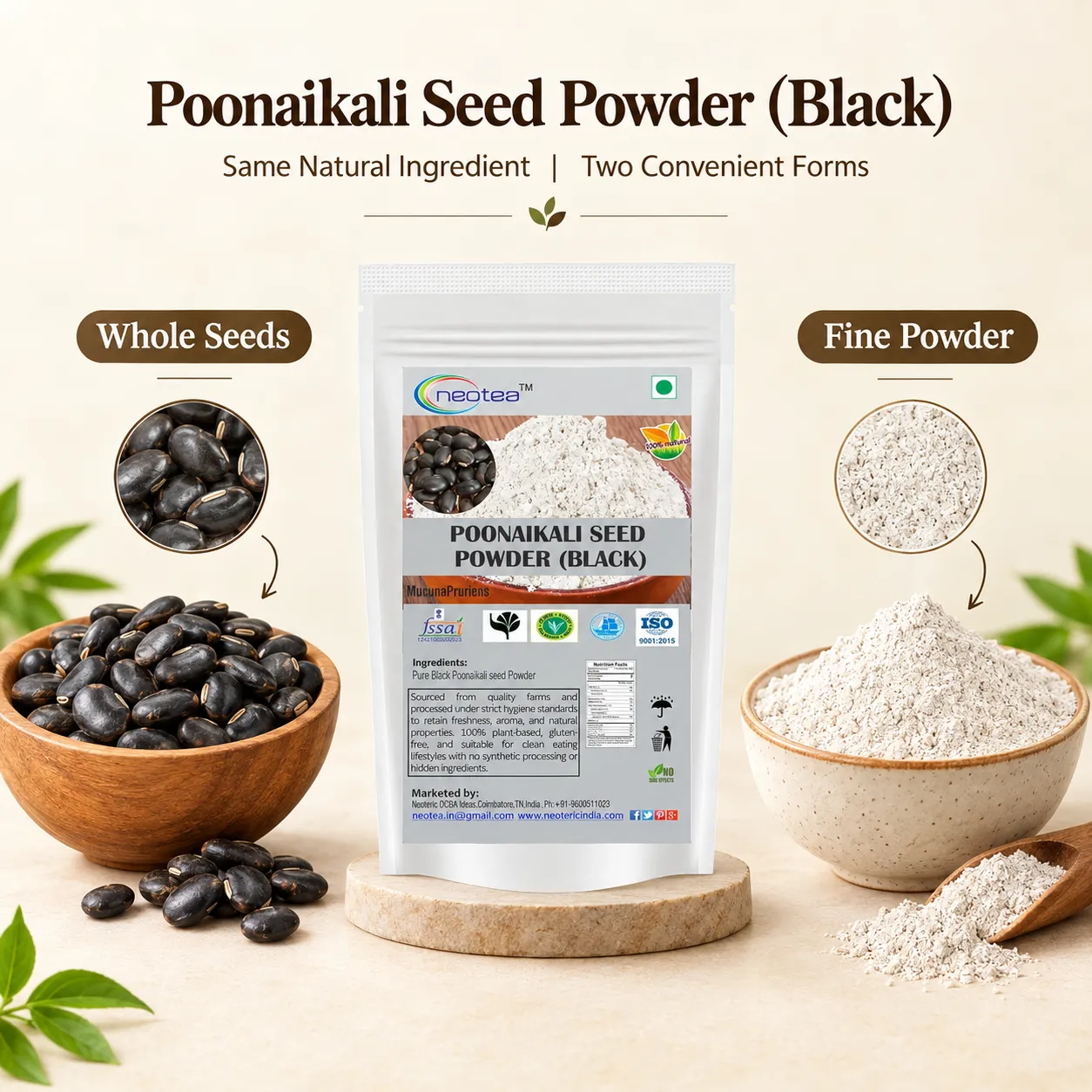 Black Poonaikali Seed Powder, Pure Poonaikali Seeds Powder, Finely Ground Natural Herbal Powder, Traditional Indian Ingredient, Easy to Use