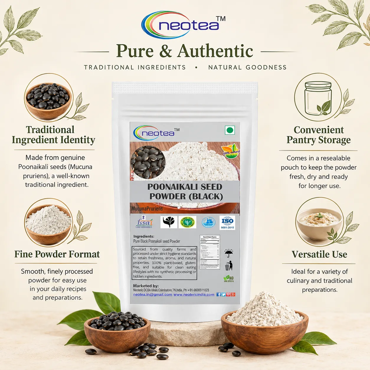 Black Poonaikali Seed Powder, Pure Poonaikali Seeds Powder, Finely Ground Natural Herbal Powder, Traditional Indian Ingredient, Easy to Use