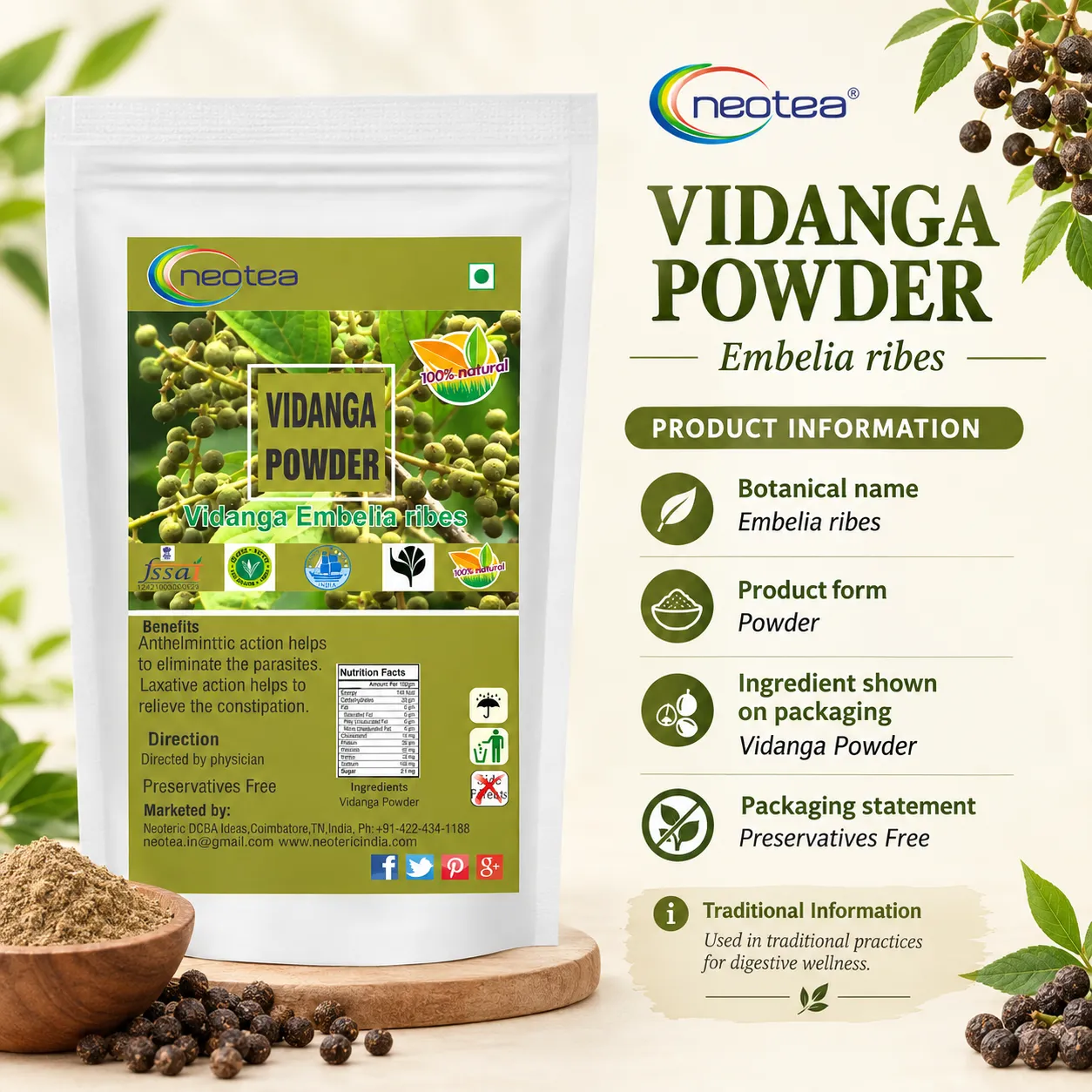 Vaayvidangam Powder | Embelia Ribes Herbal Powder | Natural Ayurvedic Ingredient | Traditionally Used Herb | Fine Ground Herbal Powder for Everyday Wellness | 100% Natural